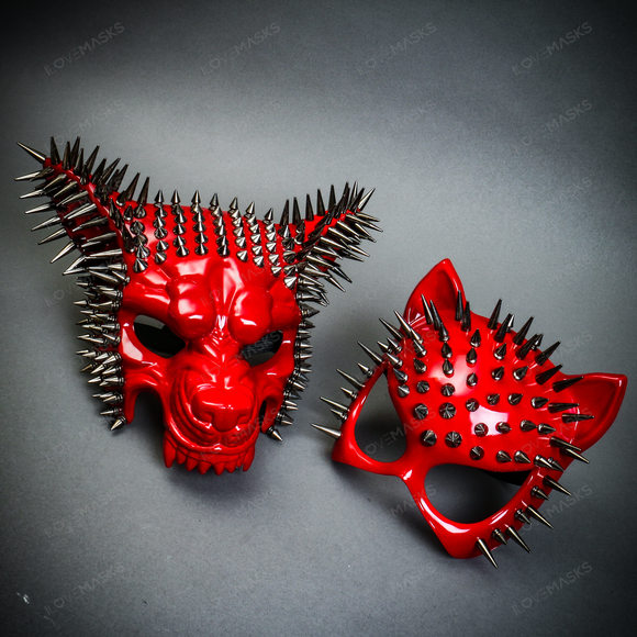 Glossy Red Steampunk Spike Wolf w/ Sexy Cat mask Couples Party Halloween Mask - Picture 2 of 5